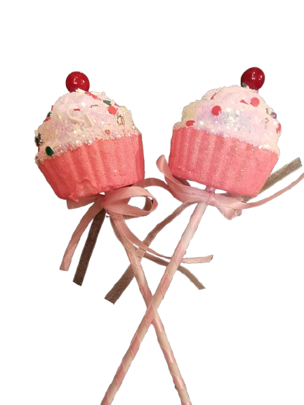 2pk 9.5in(H) x 2.2in(D) Xmas Glitter Candy Cupcake Pick  w/Ribbon.