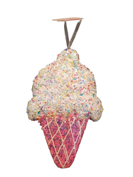 10.25IN X 6.7IN XMAS CANDY SHOP ORNAMENT - DIE-CUT IRIDESCENT ICE CREAM W/SPRINKLES. 