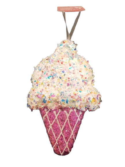 10.25IN X 6.7IN XMAS CANDY SHOP ORNAMENT - DIE-CUT IRIDESCENT ICE CREAM W/SPRINKLES. 