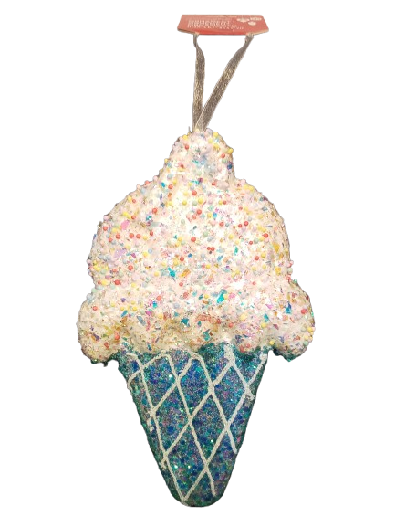 10.25IN X 6.7IN XMAS CANDY SHOP ORNAMENT - DIE-CUT IRIDESCENT ICE CREAM W/SPRINKLES. 