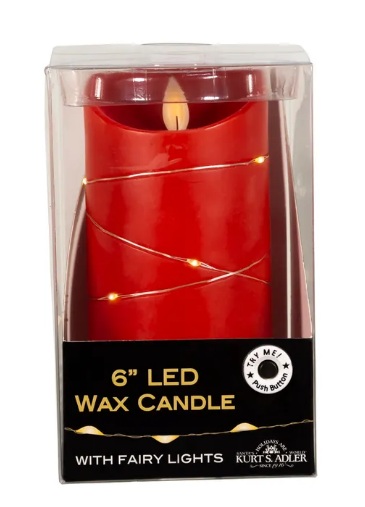 6" BATTERY OPERATED FLICKER FLAME RED CANDLE WITH FAIRY LIGHTS