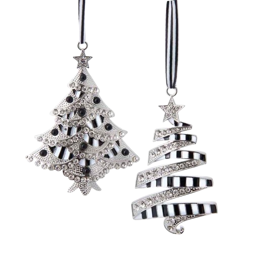 BLACK AND WHITE TREE WITH ORNAMENTS