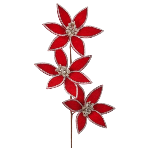 24" TRIPLE VELVET W/JEWEL POINSETTIA STEM