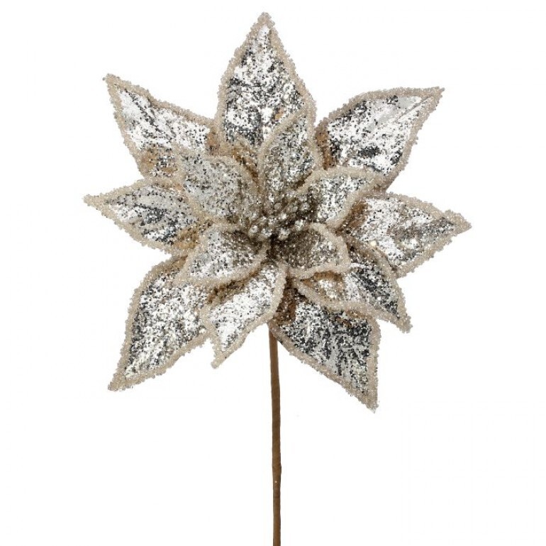 24" METALLIC GLITTER POINSETTIA STEM - SILV