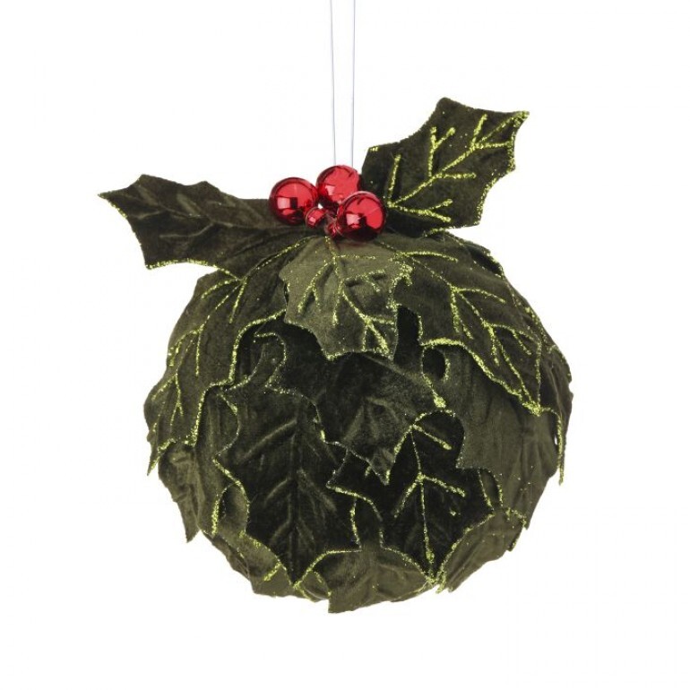 10" VELVET HOLLY LEAF KISSING BALLW/BALL - DARK GREEN RED