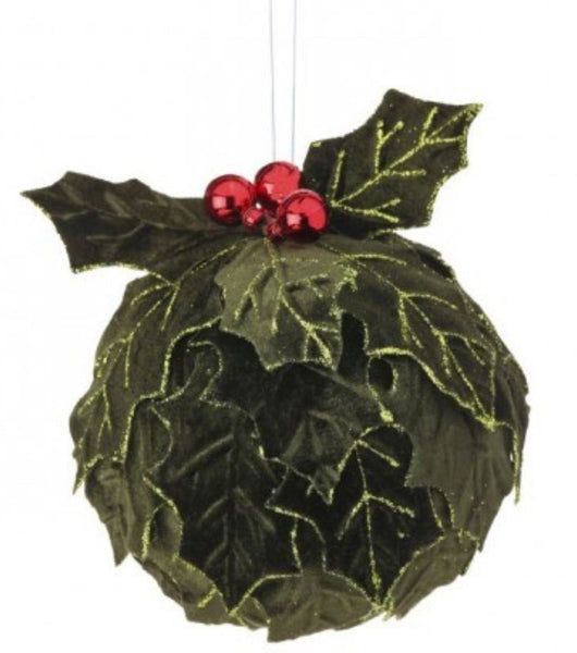 6" VELVET HOLLY LEAF KISSING BALLW/BALL -DARK GREEN RED