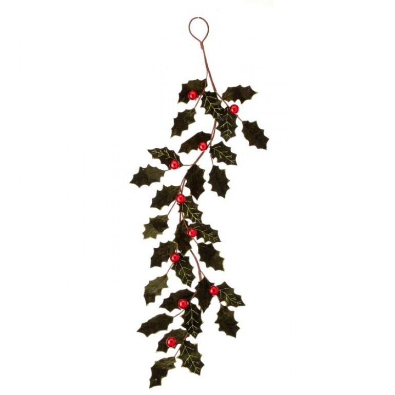 47" VELVET HOLLY LEAF GARLAND W/BALL