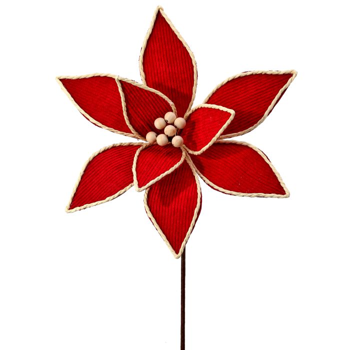 22" CORDUROY W/WOOD BEAD POINSETTIA STEM - RED