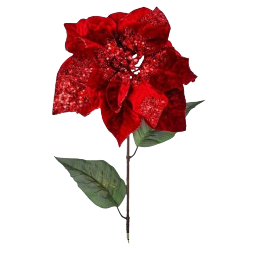 27" VELVET W/GLITTER ROYAL POINSETTIA STEM