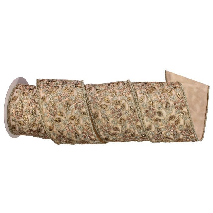 4"X5Y DUPION W/METALLIC FLORAL VINE RIBBON