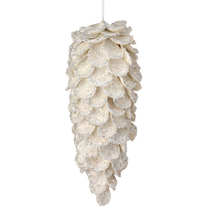 11.5" ICED PTL W/GLTR/JEWEL PINECONE ORNAMENT - WHITE IRIDESCENT