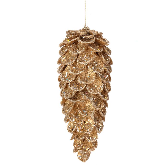 11.5" ICED PTL W/GLTR/JEWEL PINECONE ORNAMENT - GOLD