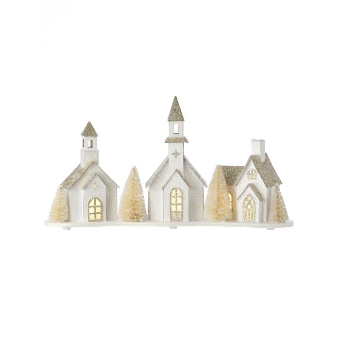 16" LED/BTY TMR CRDBRD SNOWY VILLAGE W/CHURCH