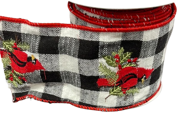 4"X5Y CARDINAL EMBR CHECK/TAFFETA BACK RIBBON