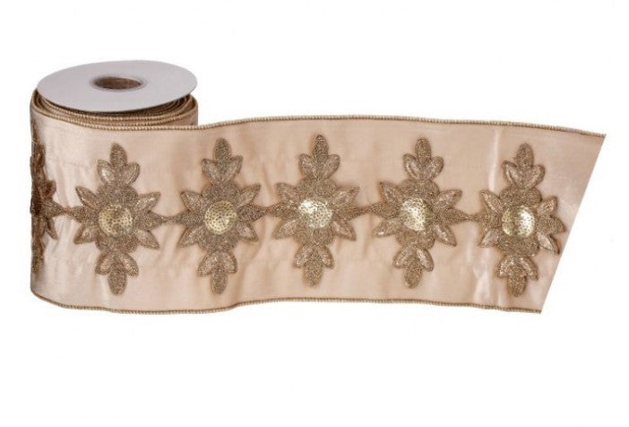 6"X5Y SEQ/GLT EMBR/CREME TAFFETA BACK RIBBON