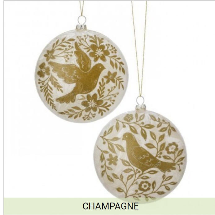 5" GLASS GILDED DOVE DISK ORNAMENT INDIVIDUAL