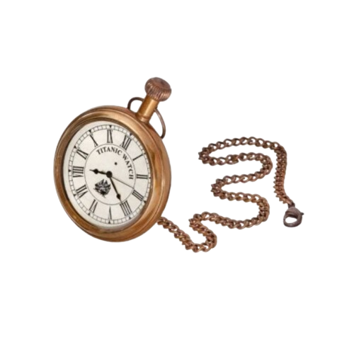 9" BRASS/GLASS POCKET WATCH W/CHAIN