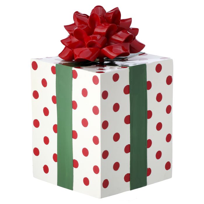 14" RESIN GIFT PACKAGE W/BOW MULT BLANCO CON PUNTOS ROJOS