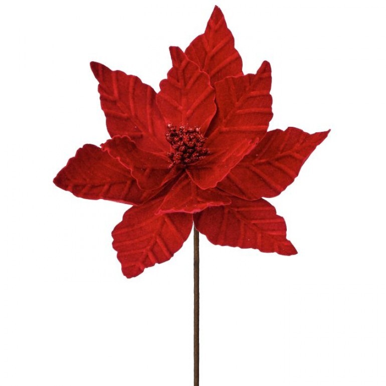 24"VELVET GLIT CENTER POINSETTIA STEM - RED