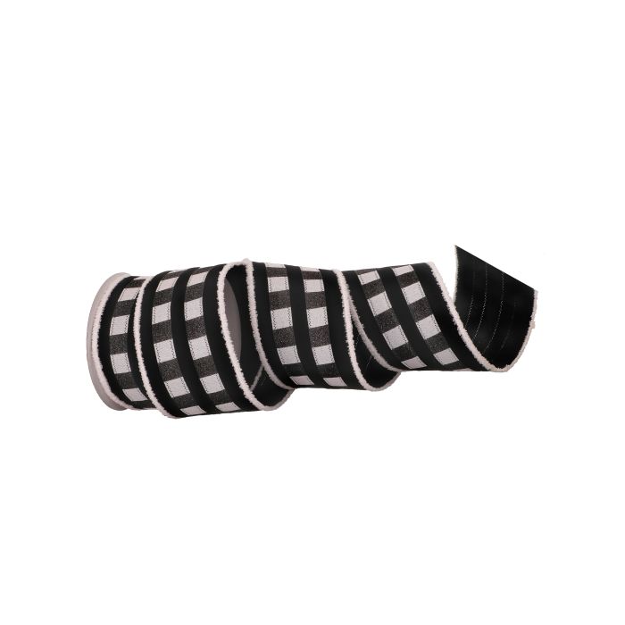 4"X10Y FUR EDGE CHECK STRIPE VELVET RIBBON