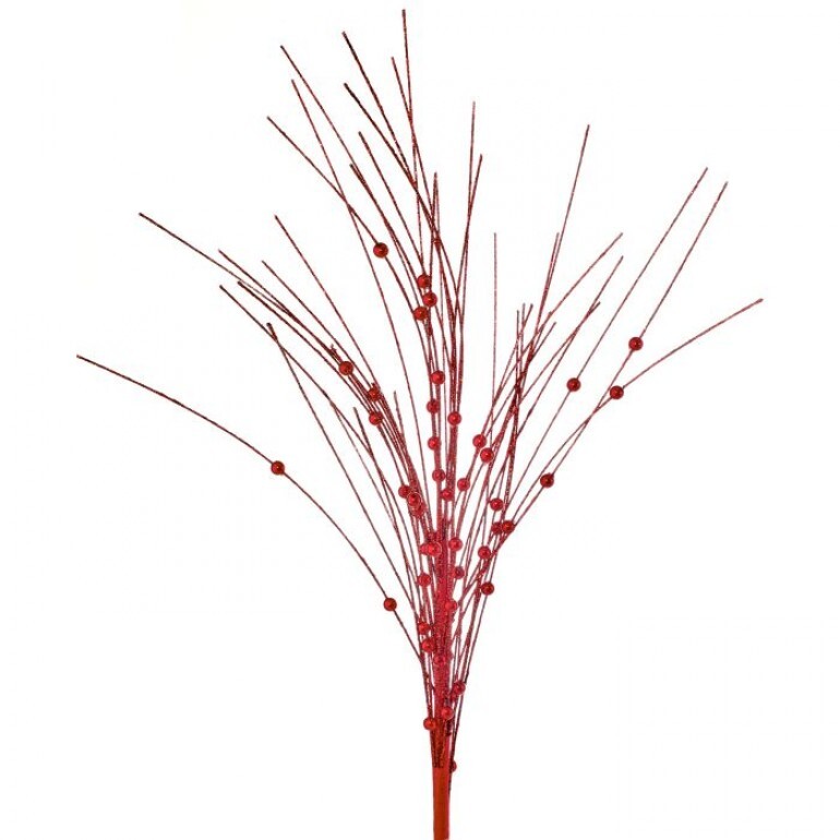 GLITTER GRASS W/BEADS SPRAY RED