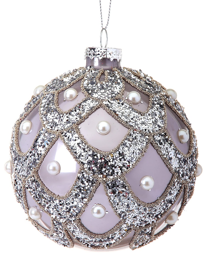 4" GLASS GLITTER SCALLOP/PEARL BALL ORN 
