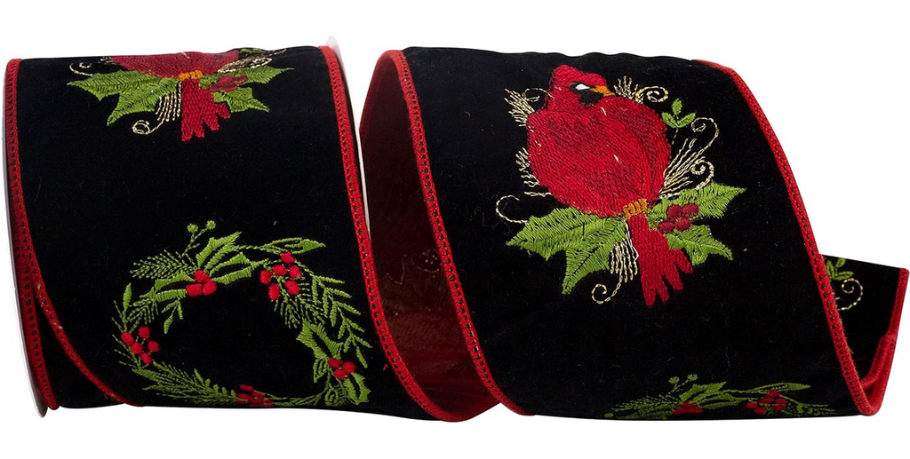 CARDINAL HOLLY EMBROIDERED VELVET WIRED EDGE BLACK