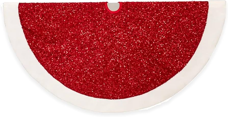 54"RED SEQUINS TREESKIRT W/WHITE FAUX FUR BORDER.