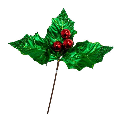19"GREEN HOLLY LEAF PICK W/RED BERRY