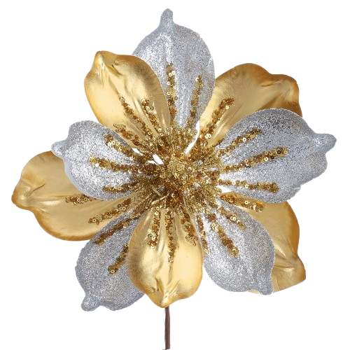 14"LEATHER GLITTER GOLD & SILVER MAGNOLIA PICK.