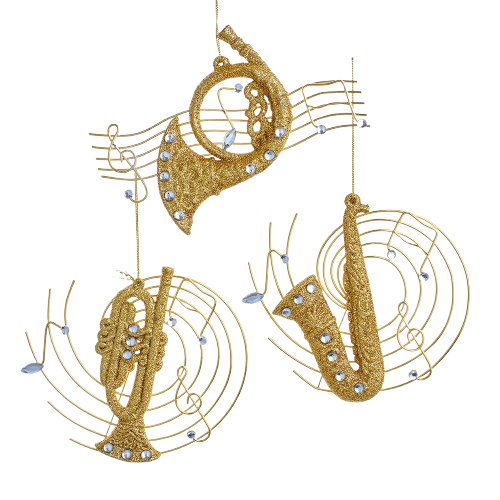5"GOLD GLITTER MUSICAL INSTRUMENT ORN SILVER JEWEL