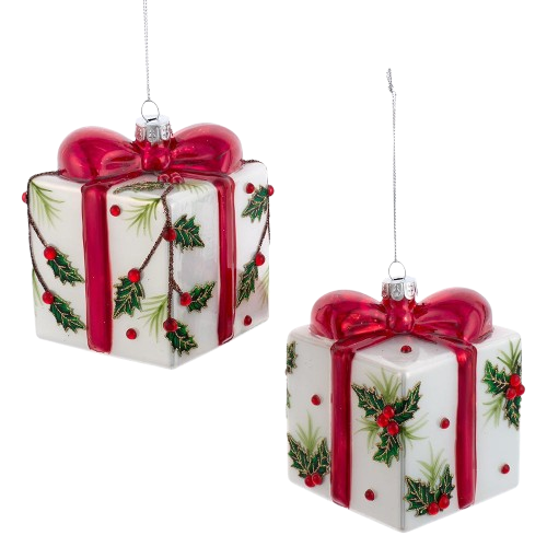 3.5X3" GLASS HOLLY DECORATED PRESENT  / INDIVIDUAL 