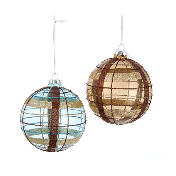 100MM CLEAR BROWN & BLUE GLITTER PLAID BALL GLASS INDIVIDUAL