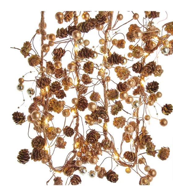 6LIGHTED GOLD PINECONE BERRY ROPE GARLAND W36