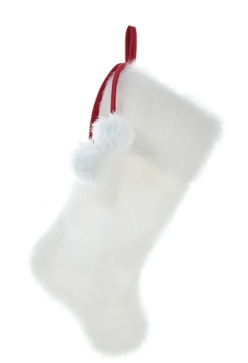 20.5"WHITE FAUX FUR STOCKING W/FAUX FUR POM POMS.