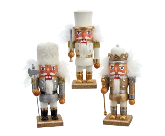 9"HOLLY WOOD GOLD, SILVERWHITE SOLDIER NUTCRACKER - INDIVIDUAL  