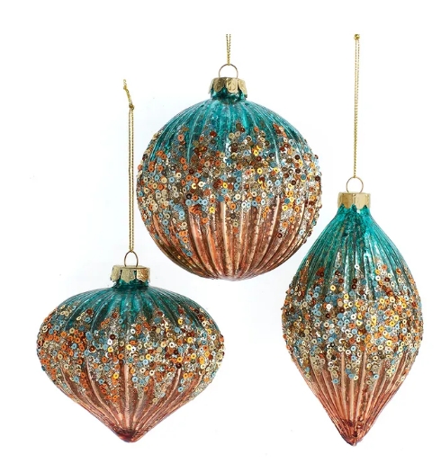 4´´TEAL/ROSE BALL/DROP/ONION ORNS INDIVIDUAL