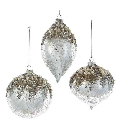 4´´GLS ICY SILV BALL/ONION/DROP ORNS