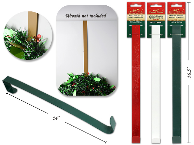 14in Jumbo Metal Wreath Hanger 3 Asst.Cols: Green/Red/ Gold