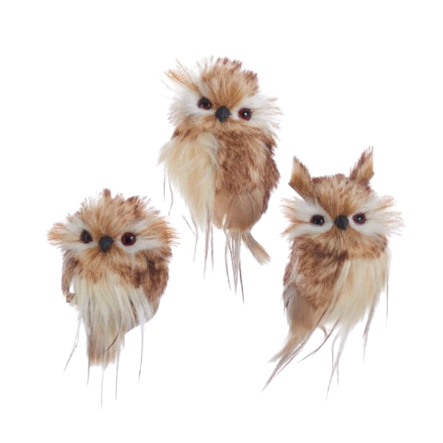 3.9"BROWN W/WHITE FUR OWL ORN