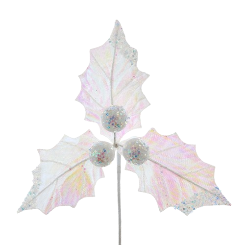 WHITE GLITTER HOLLY LEAF PICK 