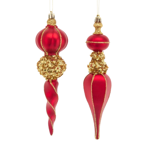 8.75"PLASTIC RED/GOLD FINIAL ORN / INDIVIDUAL 