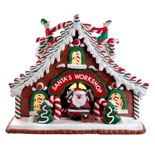 10.5"BATTERY OPERATED SANTA WORKSHOP CLAYDOUGH GINGERBEAR HOUSE