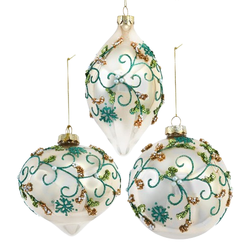 GLASS GOLD WIHT AQUA GLITTERED & BEADS BALL, ONION & DROP / INDIVIDUAL 