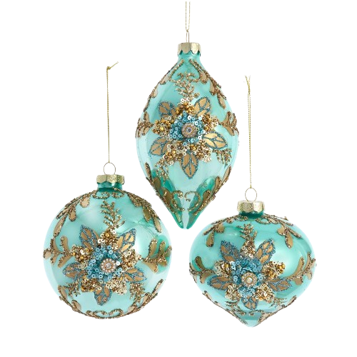 GLASS AQUA & GOLD BALL, DROP & ONION / INDIVIDUAL 