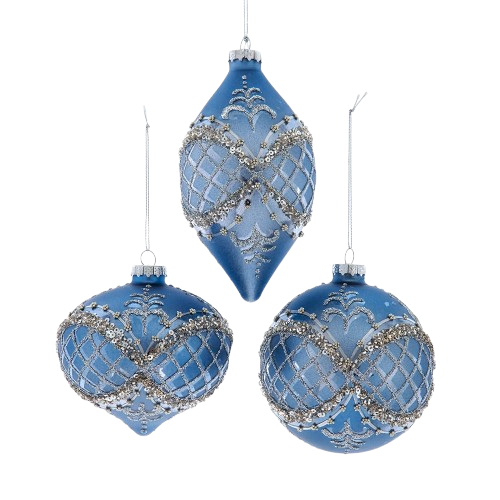 GLASS BLUE & PLATINUM BALL, ONION & DROP / INDIVIDUAL 