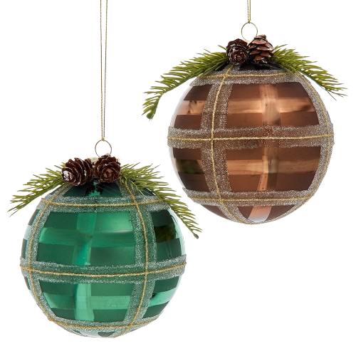 GLASS WINTER GREEN & BROWN PLAID BALL / INDIVIDUAL 