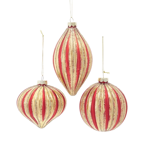 GLASS RED & GOLD STRIPED BALL, DROP & ONION 