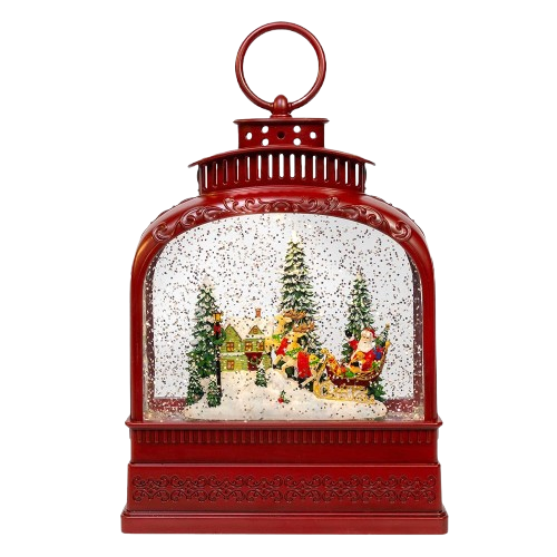 8.5" BATTERY OPERATED USB LED LIGHTED SANTA ON SLEIGH LANTERN WITH SPINNING GLITTER WATER