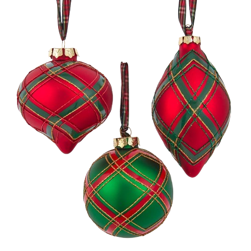 70-80 MM GLASS RED & GREEN PLAID, BALL, ONION & FINIAL ORNAMENTS / INDIVIDUAL 